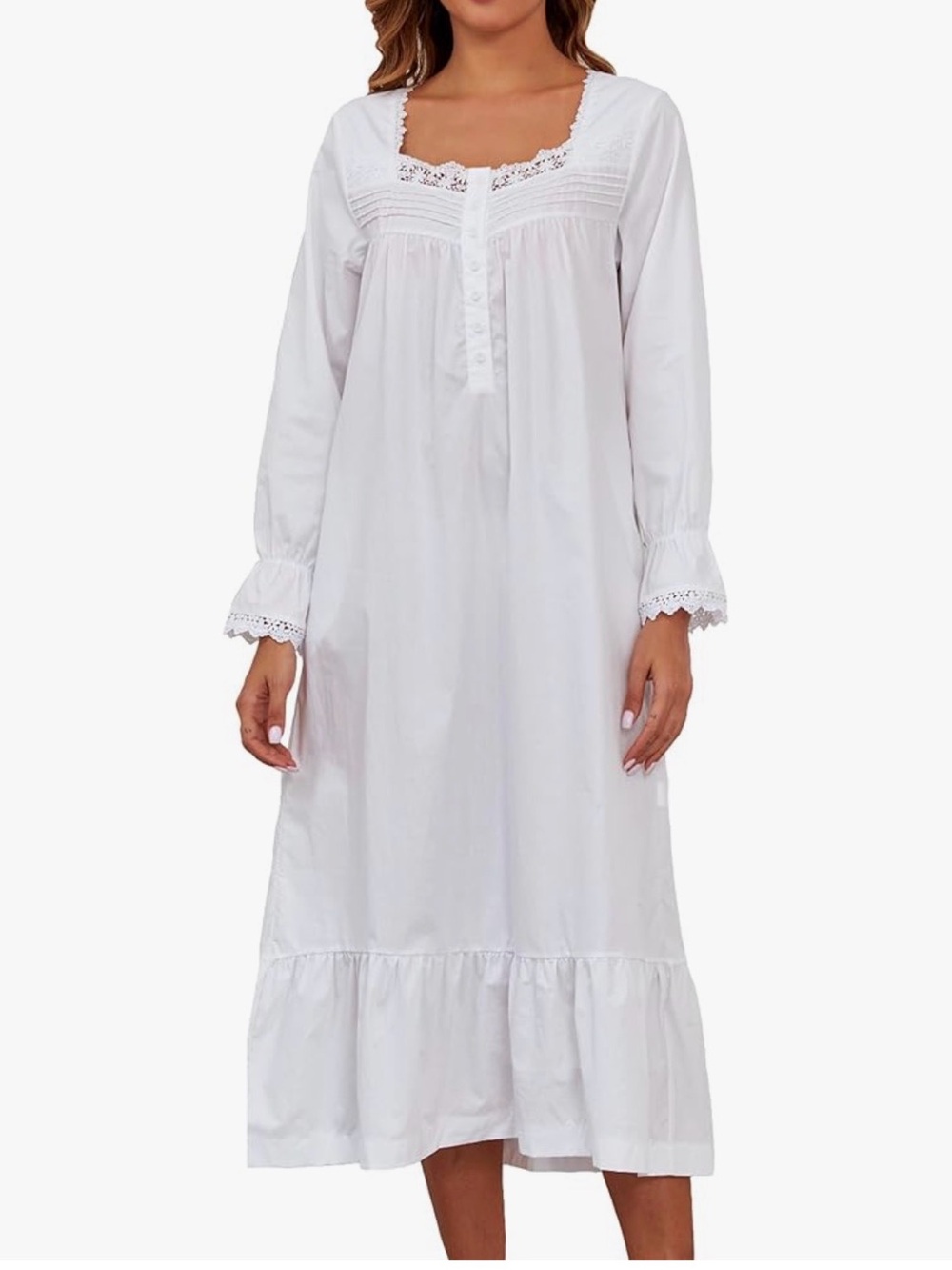 Romantic White 100% Cotton Long-Sleeve Nightgown with Lace Trim and pockets sz L
